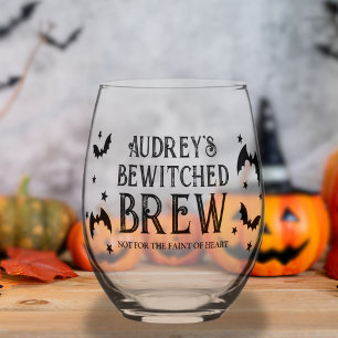 Bewitched Brew Bats and Stars Halloween Stemless Wine Glass