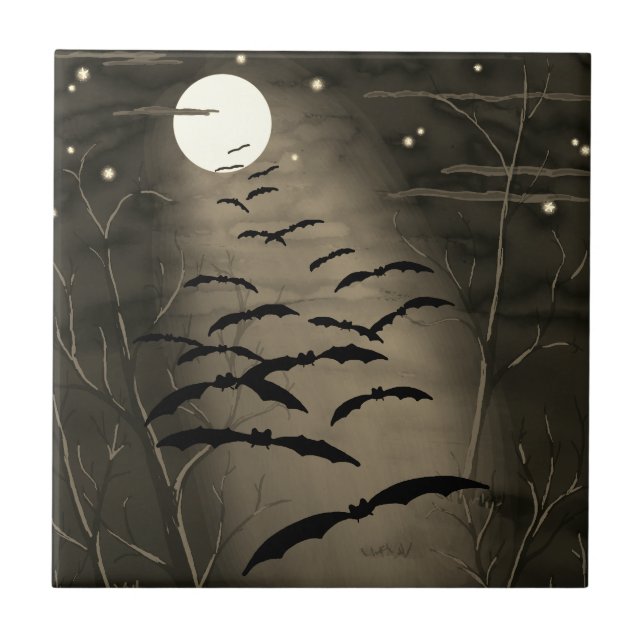 Bewitching Hour Full Moon Bats Vintage Halloween Tile (Front)