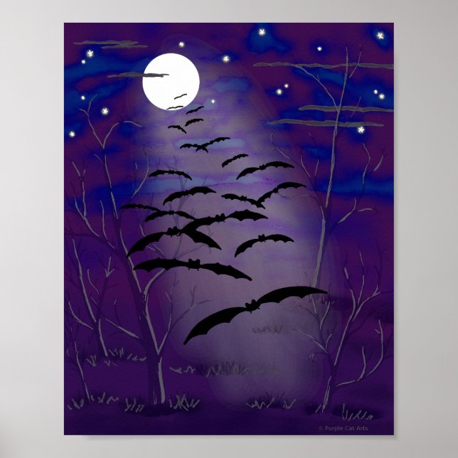 Bewitching Hour with Full White Moon and Bats Poster (Front)
