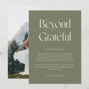 Beyond Grateful Whimsical Sage Green Wedding Photo Thank You Card