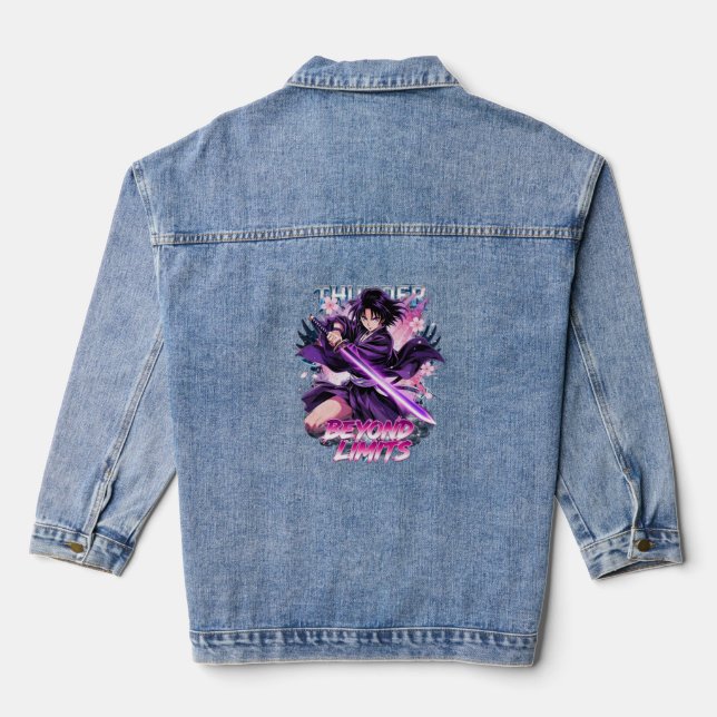 Beyond Limits – Anime Style Katana Warrior Graphic Denim Jacket (Back)