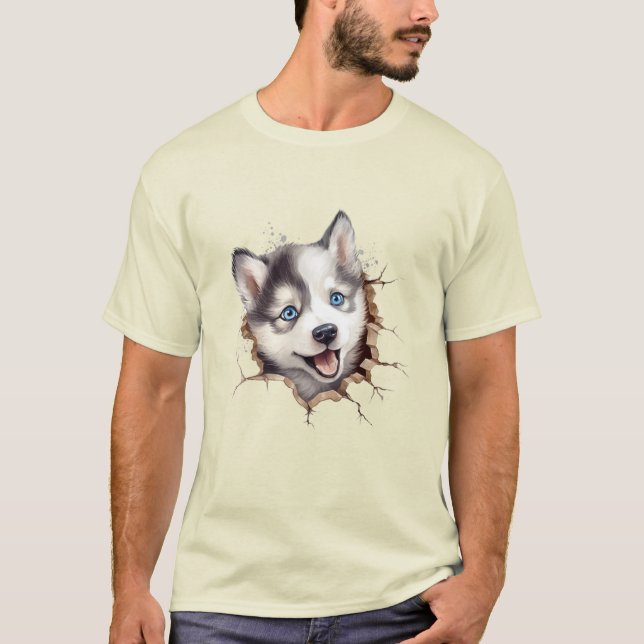 Beyond the Barrier: A Husky Puppy's Playful T-Shirt (Front)