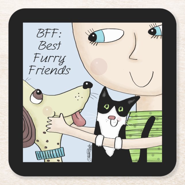 BFF: Best Furry Friends-Person with Dog and Cat Square Paper Coaster (Front)