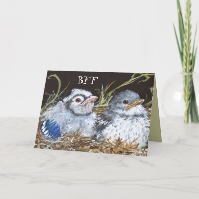 BFF card with baby bluejay and baby mockingbird (Front)