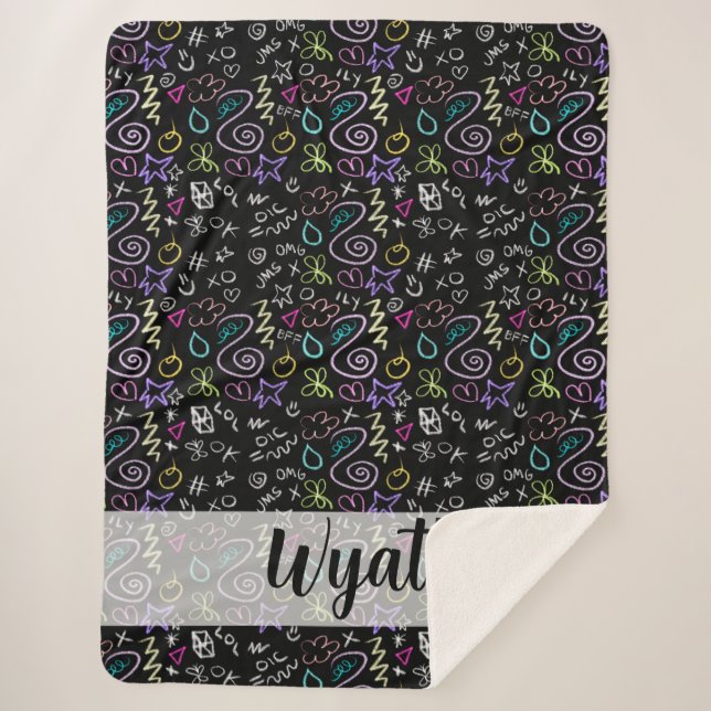 BFF Doodles - Faux Glitter Pattern Sherpa Blanket (Front)