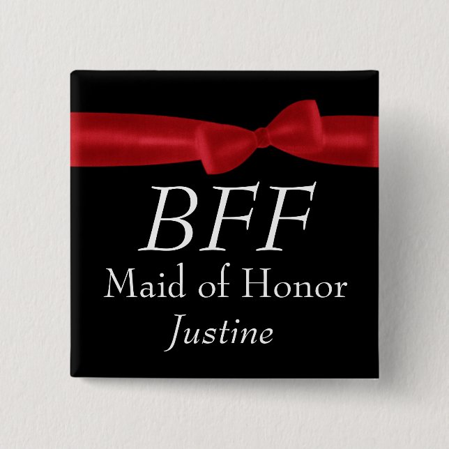 BFF Maid of Honour Red Bow Wedding Custom Name 15 Cm Square Badge (Front)