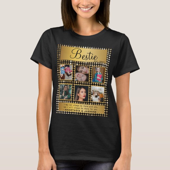 BFF Photo Collage Best Friend Quote Golden Glitter T-Shirt (Front)