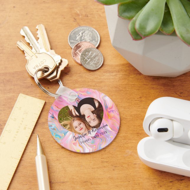 BFF Pink Purple Marble Heart Friends Photo & Names Key Ring (Desk)