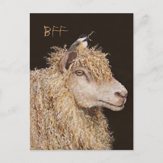 BFF postcard with sheep and chickadee (Front)