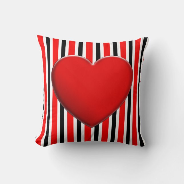 BG Stripes Pattern black red + red heart Cushion (Front)