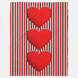 BG Stripes Pattern black red + red hearts Fleece Blanket