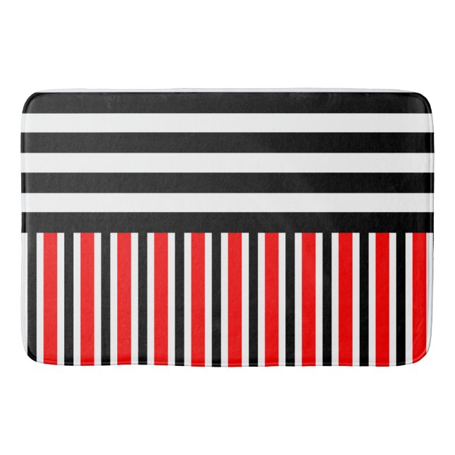 BG Stripes Pattern black red + your backg. & ideas Bath Mat (Front)