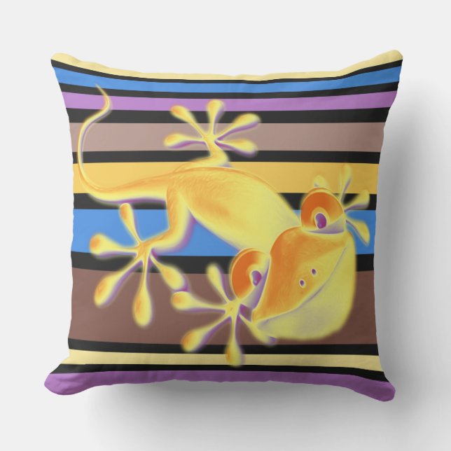 BG Stripes Pattern coloured VI + smiling gecko Outdoor Cushion (Front)