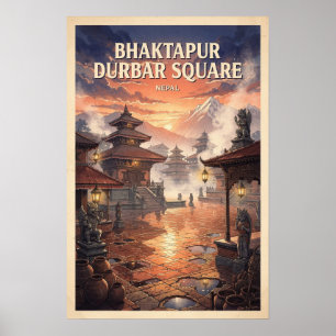Bhaktapur Durbar Square Nepal Vintage Travel Poster