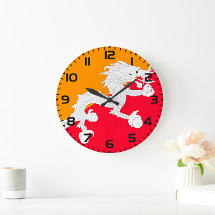 Bhutan Flag Design with White Dragon Large Clock