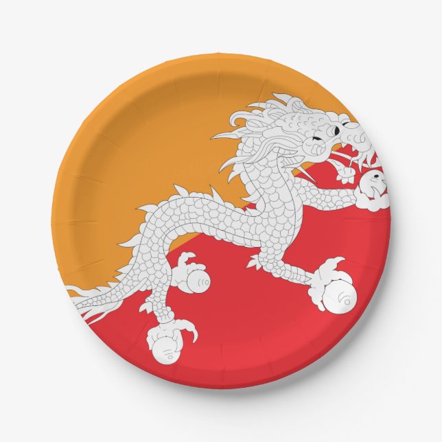 Bhutan Flag Design with White Dragon Paper Plate (Front)