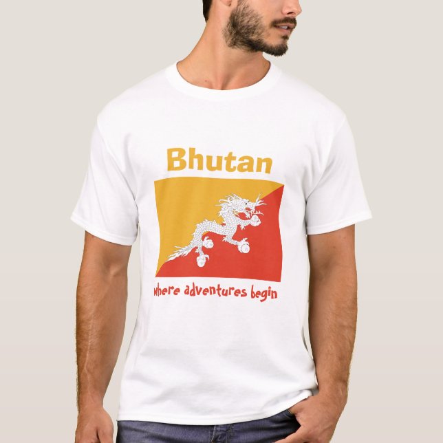 Bhutan Flag + Map + Text T-Shirt (Front)
