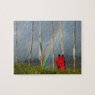Bhutan, Gangtey village, Rainbow over two monks Jigsaw Puzzle