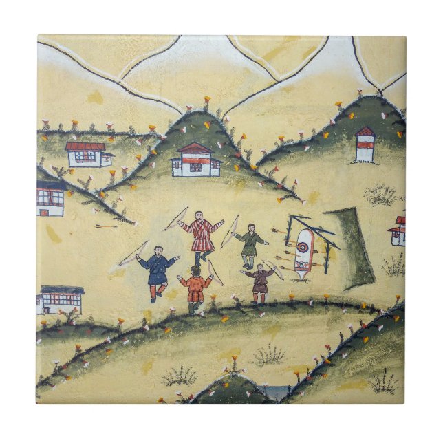 Bhutanese house with archery paintings - Bhutan Tile (Front)