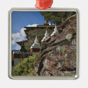 Bhutanese writing on rocks and Nepalese chortens Metal Tree Decoration