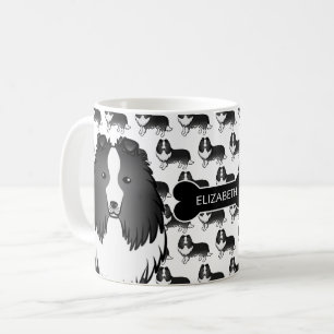 Bi-Black Cartoon Sheltie With Dog Bone & Name Coffee Mug