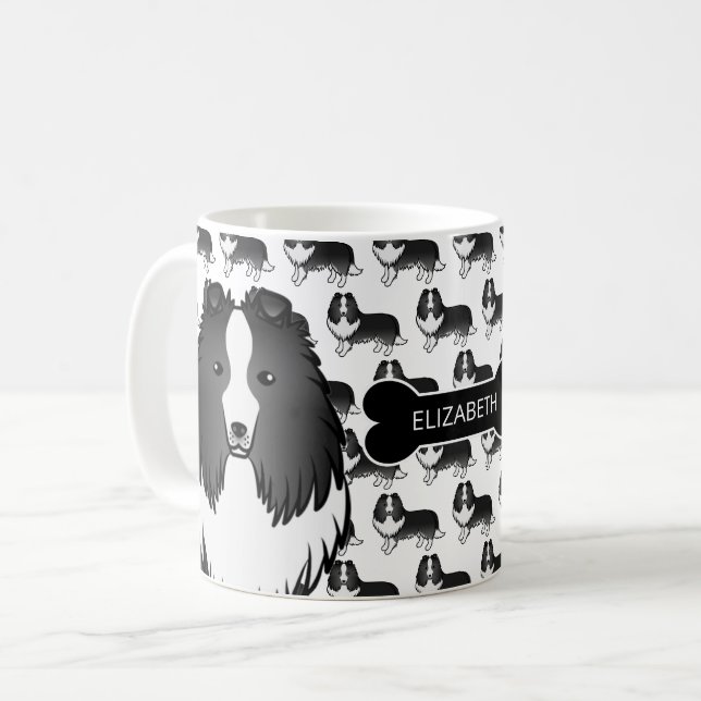 Bi-Black Cartoon Sheltie With Dog Bone & Name Coffee Mug (Front Left)