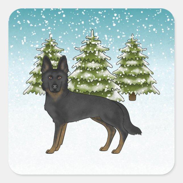 Bi-Black German Shepherd Blue Green Winter Forest Square Sticker (Front)