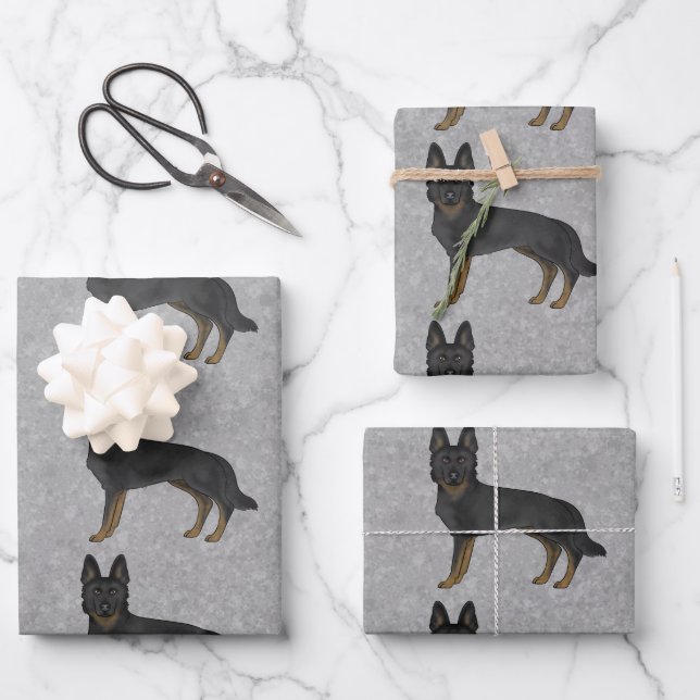 Bi-Black German Shepherd Cute Cartoon Dog Design Wrapping Paper Sheet (Front)