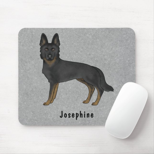 Bi-Black German Shepherd Dog And Custom Name Grey Mouse Pad (With Mouse)