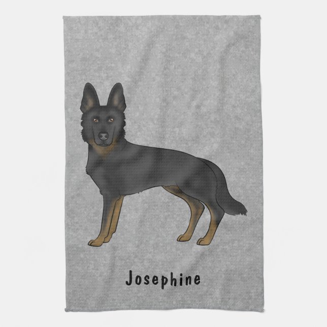 Bi-Black German Shepherd Dog And Custom Name Grey Tea Towel (Vertical)