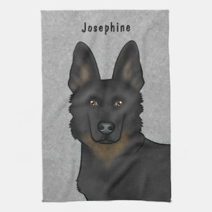 Bi-Black German Shepherd Dog Head And Name Grey Tea Towel