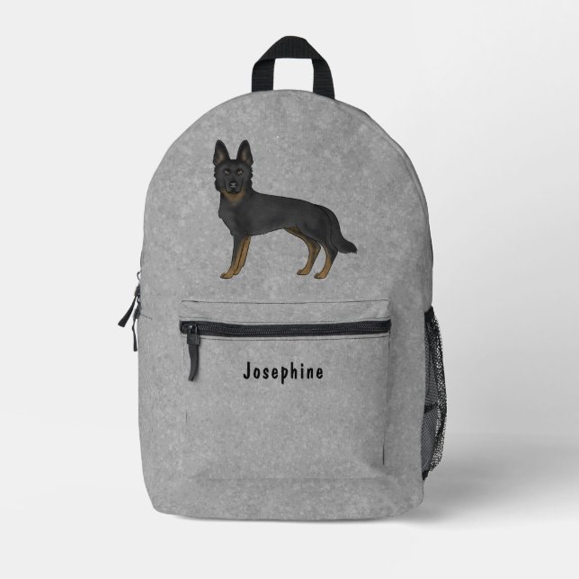 Bi-Black German Shepherd Dog With Custom Text Grey Printed Backpack (Front)