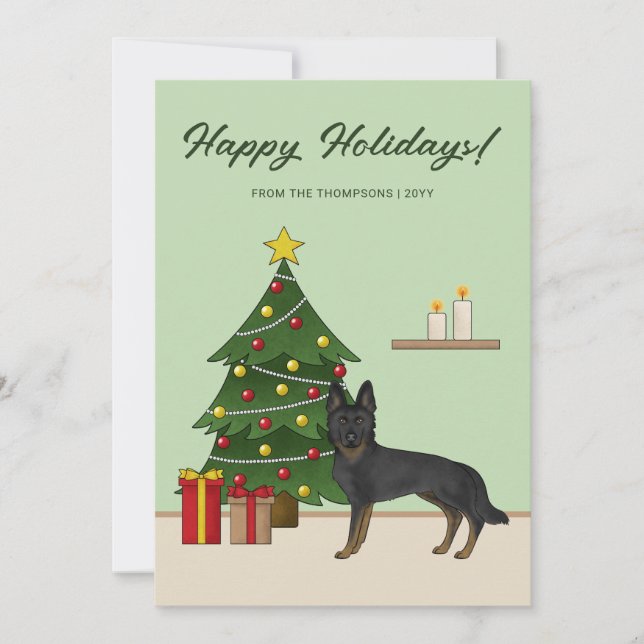 Bi-Black German Shepherd Festive Christmas Tree Holiday Card (Front)