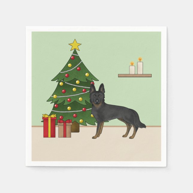 Bi-Black German Shepherd Festive Christmas Tree Napkin (Front)