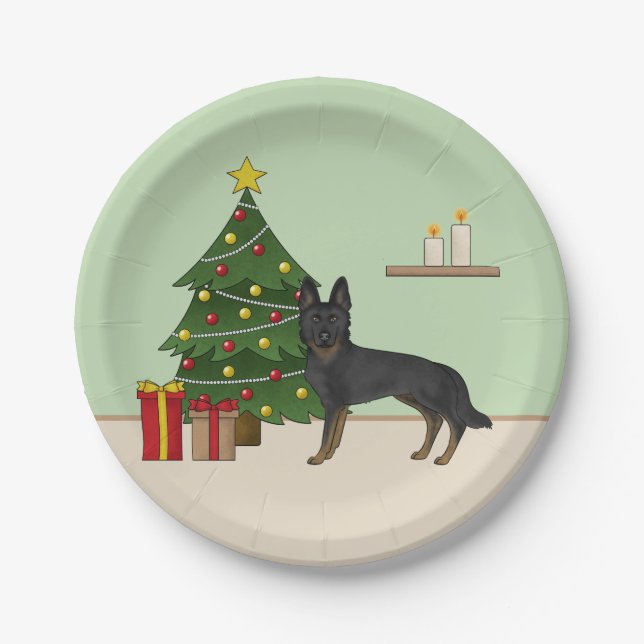 Bi-Black German Shepherd Festive Christmas Tree Paper Plate (Front)