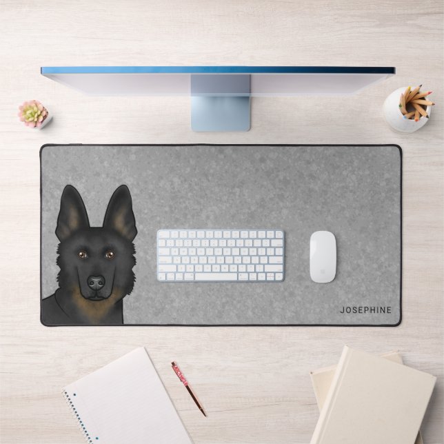 Bi-Black German Shepherd Head And Custom Name Grey Desk Mat (Office 1)