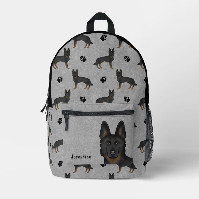 Bi-Black German Shepherd Pattern With Name Grey Printed Backpack (Front)