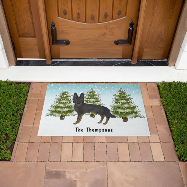 Bi-Black German Shepherd Winter Forest With Name Doormat (Outdoor)