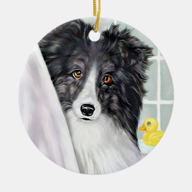 Bi Black Sheltie Bath Ceramic Tree Decoration (Front)
