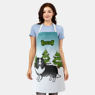 Bi-Black Sheltie Cartoon Dog In Winter & Name Apron