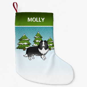 Bi-Black Sheltie Cartoon Dog In Winter & Name Small Christmas Stocking