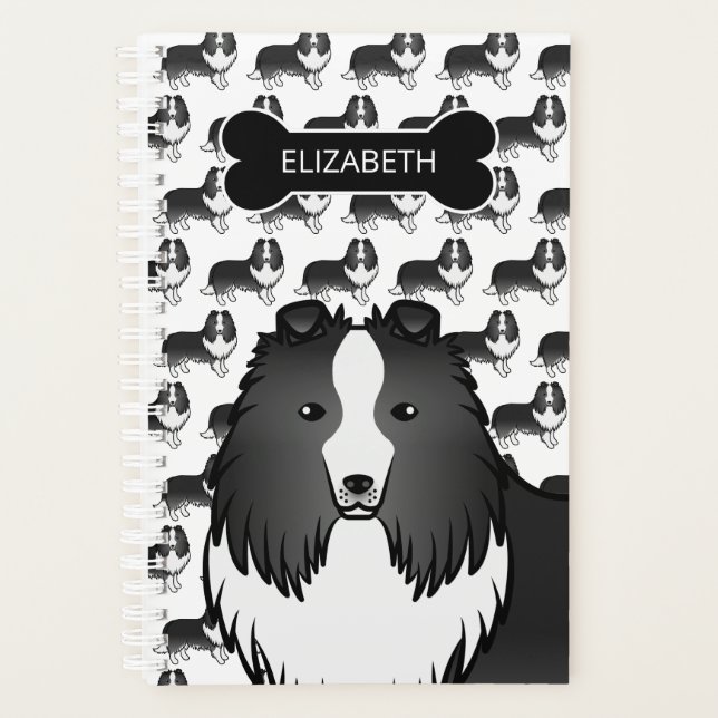 Bi-Black Sheltie Dog With Dog Bone & Name Planner (Front)