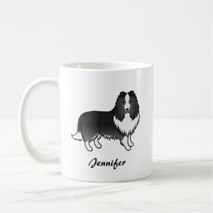 Bi-Black Shetland Sheepdog Cartoon Dog & Name Coffee Mug