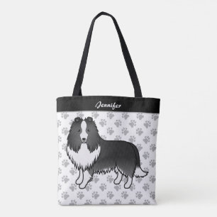 Bi-Black Shetland Sheepdog Cartoon Dog & Name Tote Bag