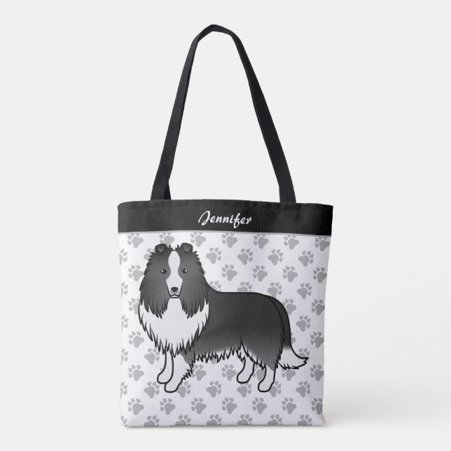 Bi-Black Shetland Sheepdog Cartoon Dog & Name Tote Bag (Back)