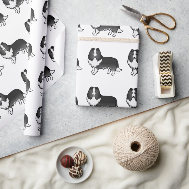 Bi-Black Shetland Sheepdog Cartoon Dog Pattern Wrapping Paper (Crafts)