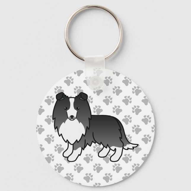 Bi-Black Shetland Sheepdog Cartoon Dog & Paws Key Ring (Front)