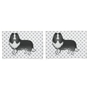 Bi-Black Shetland Sheepdog Cartoon Dog & Paws Pillowcase
