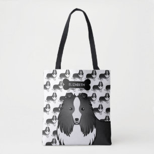 Bi-Black Shetland Sheepdog Dog And Bone & Name Tote Bag