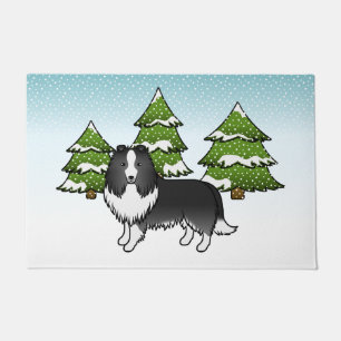 Bi-Black Shetland Sheepdog In A Winter Forest Doormat